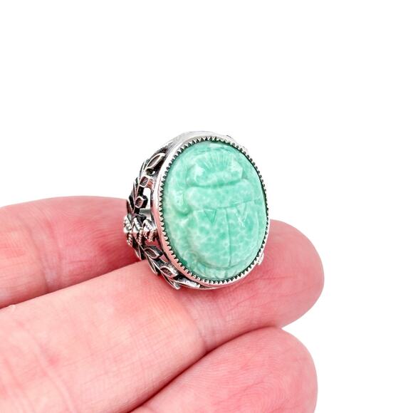 Vintage Sterling Silver 925 Ornate Green Resin Scarab Beetle Ring Size 4.5 - Picture 1 of 8